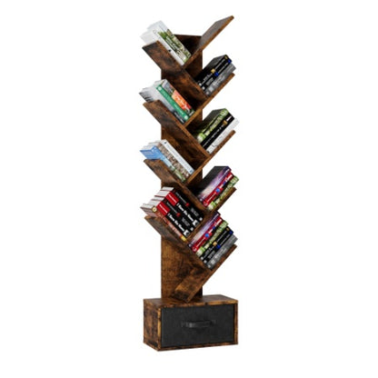 9-Tier Rustic Tree Bookshelf with Storage Drawer – Vertical Book Organizer
