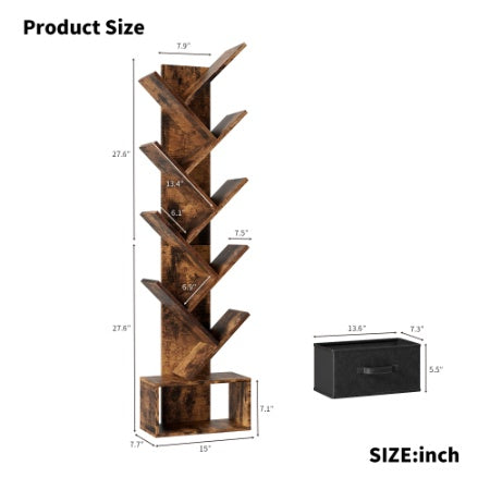 9-Tier Rustic Tree Bookshelf with Storage Drawer – Vertical Book Organizer