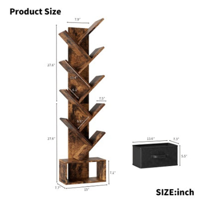 9-Tier Rustic Tree Bookshelf with Storage Drawer – Vertical Book Organizer