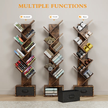 9-Tier Rustic Tree Bookshelf with Storage Drawer – Vertical Book Organizer