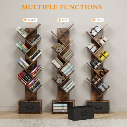 9-Tier Rustic Tree Bookshelf with Storage Drawer – Vertical Book Organizer