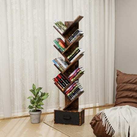 9-Tier Rustic Tree Bookshelf with Storage Drawer – Vertical Book Organizer