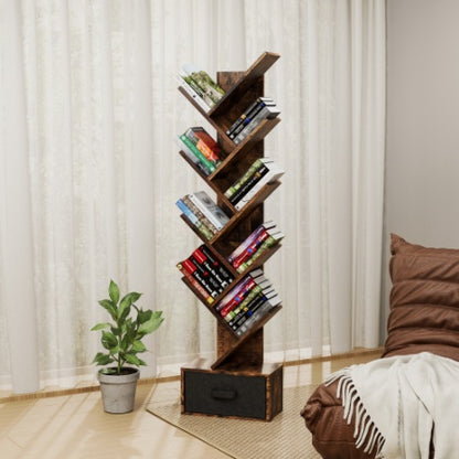 9-Tier Rustic Tree Bookshelf with Storage Drawer – Vertical Book Organizer