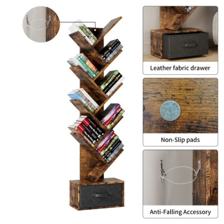 9-Tier Rustic Tree Bookshelf with Storage Drawer – Vertical Book Organizer