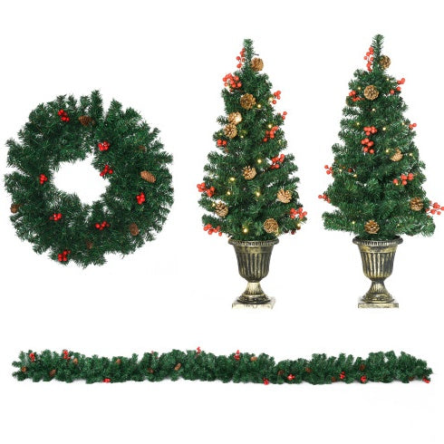 4-Piece Pre-Lit Holiday Entryway Set – Trees, Wreath & Garland