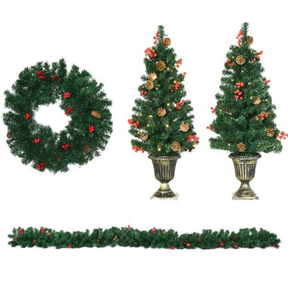4-Piece Pre-Lit Holiday Entryway Set – Trees, Wreath & Garland