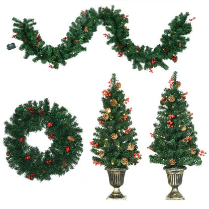4-Piece Pre-Lit Holiday Entryway Set – Trees, Wreath & Garland