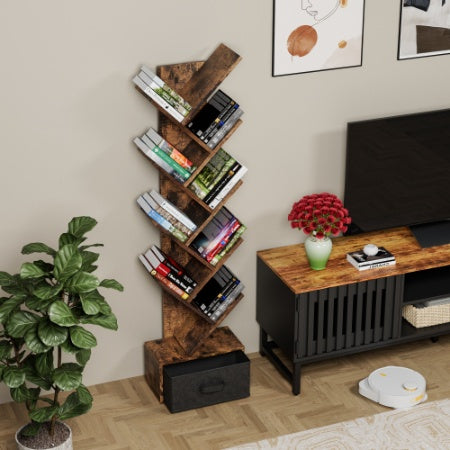 9-Tier Rustic Tree Bookshelf with Storage Drawer – Vertical Book Organizer