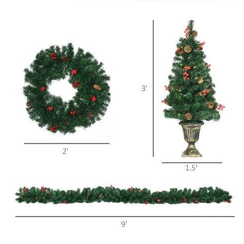 4-Piece Pre-Lit Holiday Entryway Set – Trees, Wreath & Garland