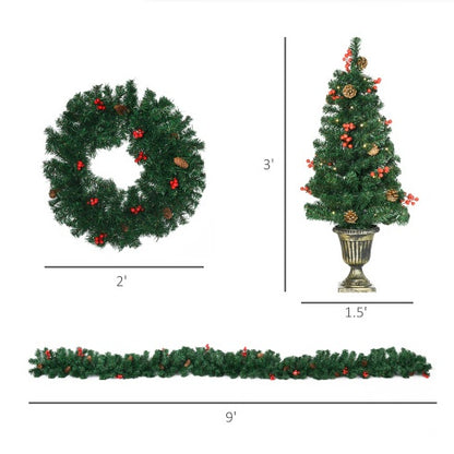 4-Piece Pre-Lit Holiday Entryway Set – Trees, Wreath & Garland