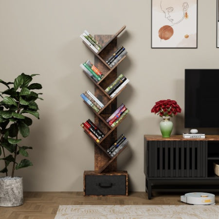 9-Tier Rustic Tree Bookshelf with Storage Drawer – Vertical Book Organizer